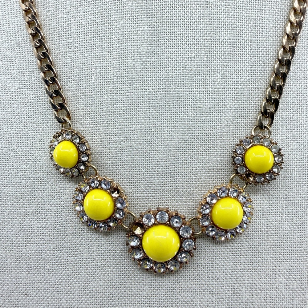Yellow Cabochon Clear Rhinestone Flower Gold Tone Statement Necklace Jewelry